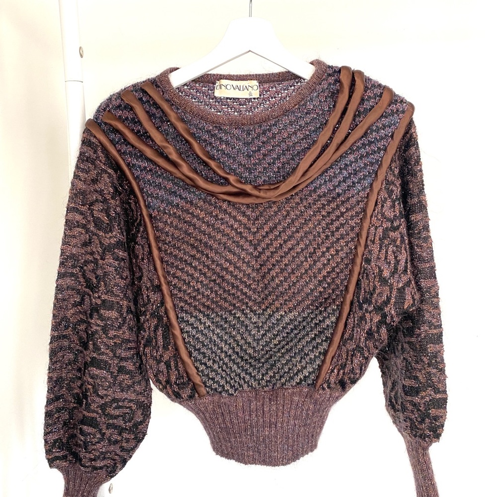 Vintage brown sweater decorative neckline 80s 90s sparkling long sleeve